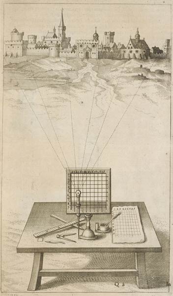 A perspectival velo of intersections, by which each miniature window of visual information may be translocated to a reticulated sheet of paper, thereby reconstructing the desired vista. From Robert Fludd (1574-1637), Utriusque cosmic maioris scilicet et minoris metaphysica (Oppenhemii: Ære Johan-Theodori de Bry, typis Hieronymi Galleri, 1617-21). 