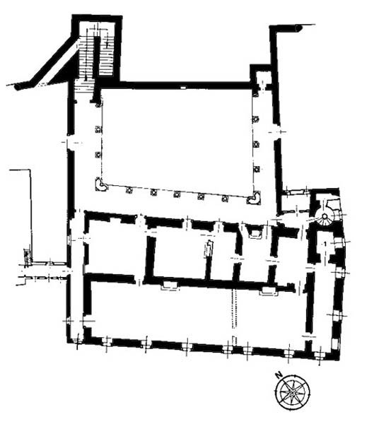 Plan of Gubbio ducal palace, with studiolo noted as Room 1.