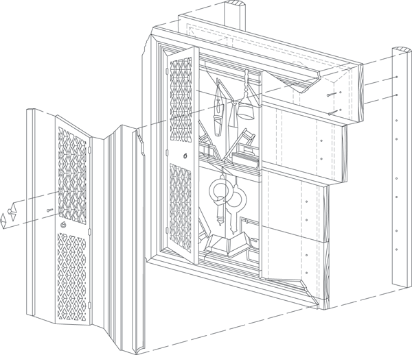 Exploded axonometric of assembly of an intarsia panel in the Gubbio studiolo, redrawn by Amelia Amelia after Daniel Kershaw.