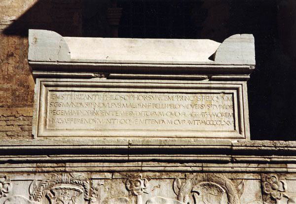 Following his excommunication, Malatesta was employed by Venice to fight in Greece. While in Mistras, Sigismondo exhumed Pletho's remains, transported them to Rimini, and interred them in a sarcophagus ensconced in the southwest wall of the Tempio Malatestiano.