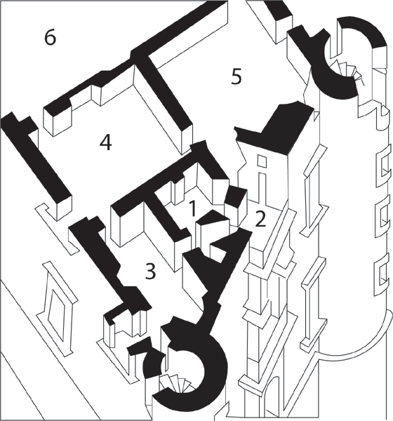 Axonometric detail of the Urbino ducal palace. The rooms are: 1) studiolo 2) loggia 3) dressing chamber 4) duke's bedchamber 5) sala d'udienza 6) sala degli angeli. Drawn by author and Amelia Amelia, based on a palace axonometric by Renato Bruscagli.