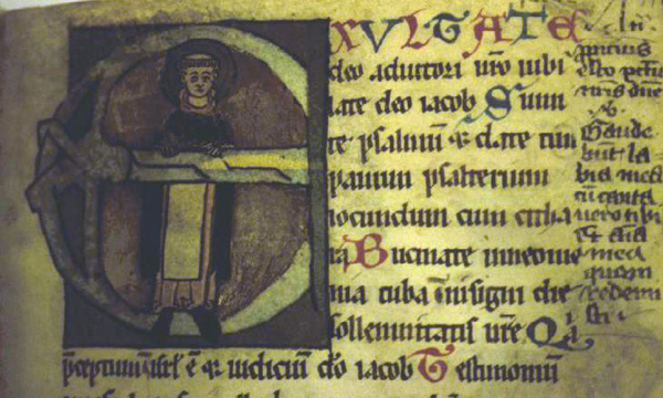 Saint Dominic in initial E. Female Dominican Psalter after 1234. St. Peter perg 11a, f. 57r, Badische Landesbibliothek, Karlsruhe, Germany.
