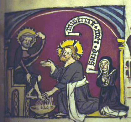 Miniature of Christ washing apostle's feet with Dominican nun. Early fourteenth-century processional from a female Dominican house in Strasbourg. St. Peter perg 22, f. 14r, Badische Landesbibliothek, Karlsruhe, Germany.