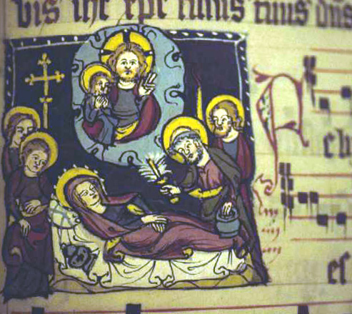 Miniature of the Death of the Virgin Mary. Early fourteenth-century processional from a female Dominican house in Strasbourg. St. Peter perg 22, f. 29r, Badische Landesbibliothek, Karlsruhe, Germany.