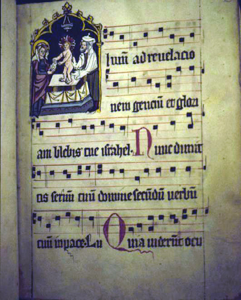 Page with miniature of Christ's Presentation. Early fourteenth-century processional from a female Dominican house in Strasbourg. St. Peter perg 22, f. 2r, Badische Landesbibliothek, Karlsruhe, Germany.