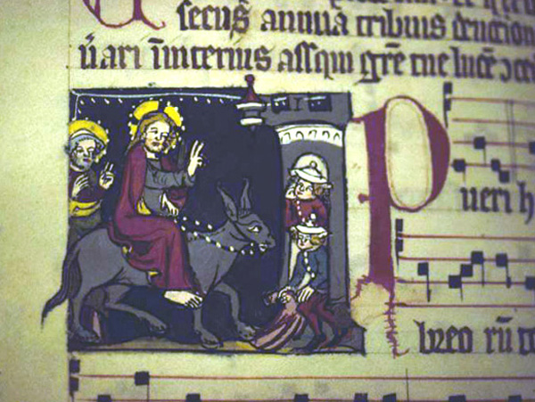 Miniature of Christ's entry into Jerusalem. Early fourteenth-century processional from a female Dominican house in Strasbourg. St. Peter perg 22, f. 6v, Badische Landesbibliothek, Karlsruhe, Germany.