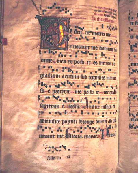 Page with John the Baptist and Dominican nuns in initial D. Fourteenth-century gradual from Unterlinden. Ms. 136, f. 165v, Bibliotheque de la Ville, Colmar, France.