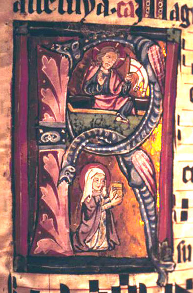 Resurrection with Mary Magdalen in Initial R. Fourteenth-century gradual from Unterlinden. Ms. 136, f. 99r, Bibliotheque de la Ville, Colmar, France.