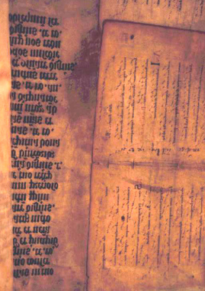 Reused parchment pasted inside back cover. Thirteenth-century ferial Psalter-hymnal from Unterlinden. Ms. 301, Rear pastedown, Bibliotheque de la Ville, Colmar, France.