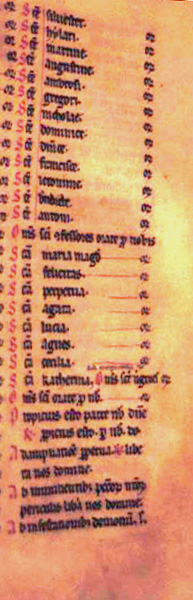 Litany of the Saints [right-hand column] in a thirteenth-century ferial Psalter-hymnal from Unterlinden. Ms. 301, f. 106r, Bibliotheque de la Ville, Colmar, France.