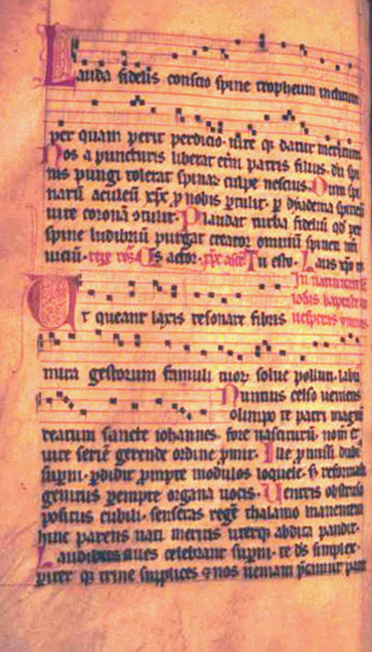 Hymn for the nativity of John the Baptist. Thirteenth-century ferial Psalter-hymnal from Unterlinden. Ms. 301, f. 125v, Bibliotheque de la Ville, Colmar, France.