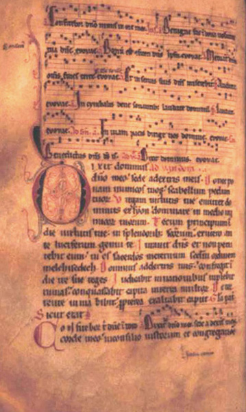 Initail D opening psalm 109. Thirteenth-century ferial Psalter-hymnal from Unterlinden. Ms. 301, f. 80v, Bibliotheque de la Ville, Colmar, France.