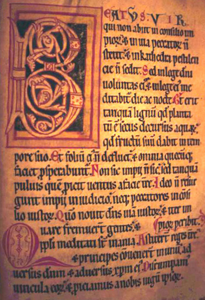 Initial B opening psalm 1, Beatus vir. Thirteenth century Psalter-hymnal from Unterlinden. Ms. 404, f. 47r, Bibliotheque de la Ville, Colmar, France.