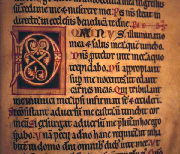 Initial D opening psalm 26. Thirteenth century Psalter-hymnal from Unterlinden. Ms. 404, f. 61r, Bibliotheque de la Ville, Colmar, France.