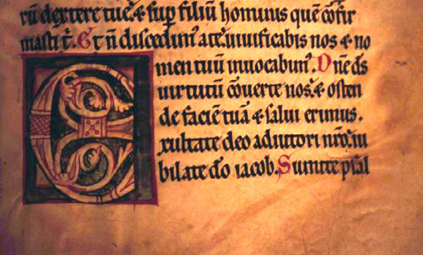 Initial E opening psalm 80. Thirteenth century Psalter-hymnal from Unterlinden. Ms. 404, f. 99r, Bibliotheque de la Ville, Colmar, France.