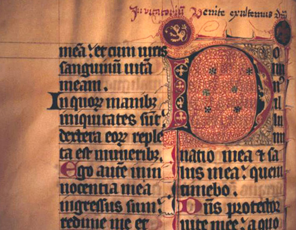 Initial D opening psalm 26. Fourteenth-century Psalter-hymnal from Unterlinden. Ms. 405, f. 74v, Bibliotheque de la Ville, Colmar, France.