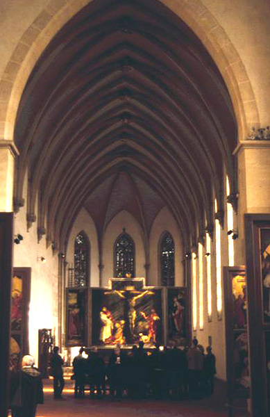 Elongated choir of seven bays in the Unterlinden church. Colmar, France.