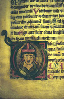 Bishop's Head in initial D. Female Dominican Psalter after 1234. St. Peter perg 11a, f. 35r, Badische Landesbibliothek, Karlsruhe, Germany.