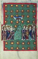 Miniature of Christ's Ascension. Early fourteenth-century book of rites and processional from St. Agnes in Strasbourg. St. Peter perg 21, f. 45r, Badische Landesbibliothek, Karlsruhe, Germany