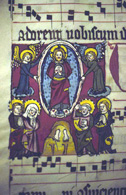 Miniature of Christ's Ascension. Early fourteenth-century processional from a female Dominican house in Strasbourg. St. Peter perg 22, f. 25v, Badische Landesbibliothek, Karlsruhe, Germany.