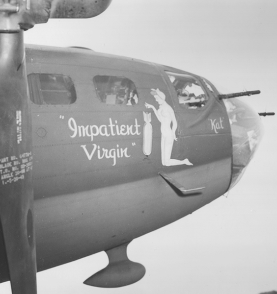 The nude woman pictured on the fuselage of this B-17 to drop bombs on targets below. A satirical reference to untried airmen's eagerness for combat, "impatient virgin" was a popular plane name.