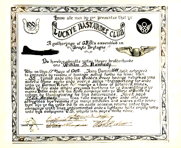 Lt. William Kennedy became a member of the Lucky Bastard Club after completing his thirty-five-mission tour of duty. Despite its comic tone, this certificate acknowledges fear in combat and credits divine providence for the airman's survival.