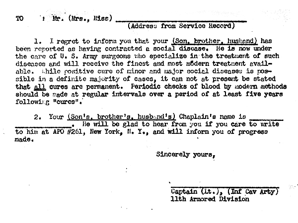 This form letter was designed to reduce sexually transmitted diseases among American troops by exposing the men to familial and feminine disapproval.